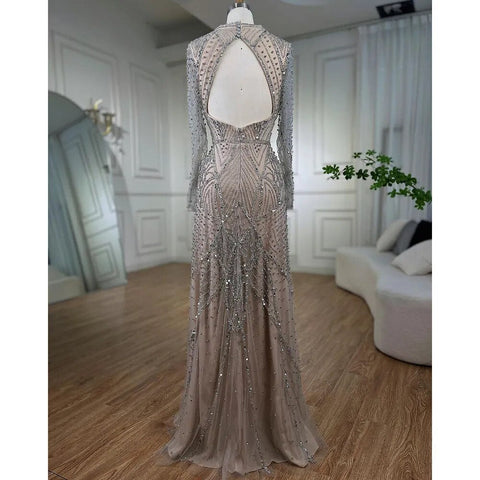 Vestidos de noche estilo sirena de Dubái, color nude plateado árabe, mangas largas, con cuentas, colección 2025. Vestidos elegantes para fiestas de mujer LA72183 