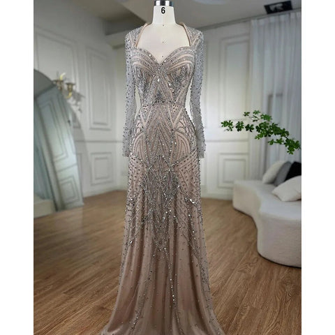 Vestidos de noche estilo sirena de Dubái, color nude plateado árabe, mangas largas, con cuentas, colección 2025. Vestidos elegantes para fiestas de mujer LA72183 