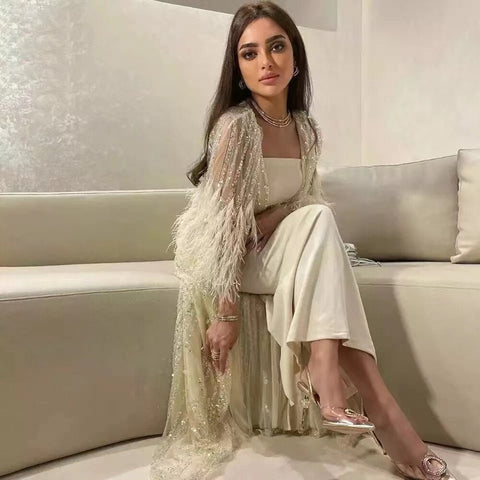 Robe de soirée style caftan marocain, ligne A, plumes et perles, couleur crème, avec veste, LA71759 