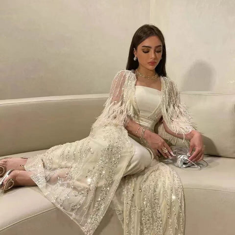 Robe de soirée style caftan marocain, ligne A, plumes et perles, couleur crème, avec veste, LA71759 