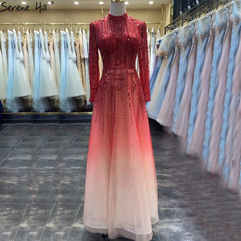 Vestidos de noche de lujo con cuentas, manga larga, estilo musulmán, corte en A, con cristales, para mujer, ideales para fiestas (LA70514) 