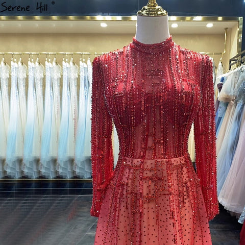 Vestidos de noche de lujo con cuentas, manga larga, estilo musulmán, corte en A, con cristales, para mujer, ideales para fiestas (LA70514) 