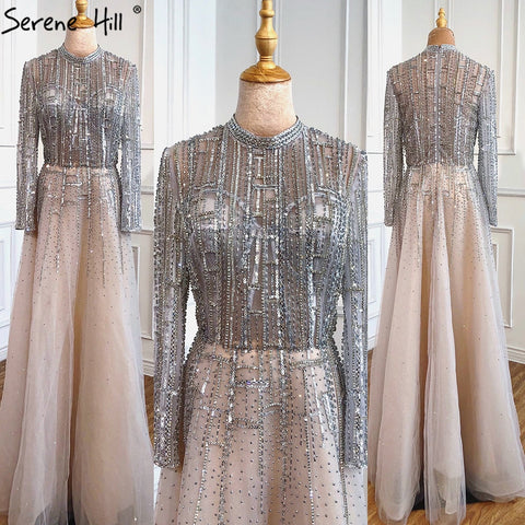 Vestidos de noche de lujo con cuentas, manga larga, estilo musulmán, corte en A, con cristales, para mujer, ideales para fiestas (LA70514) 