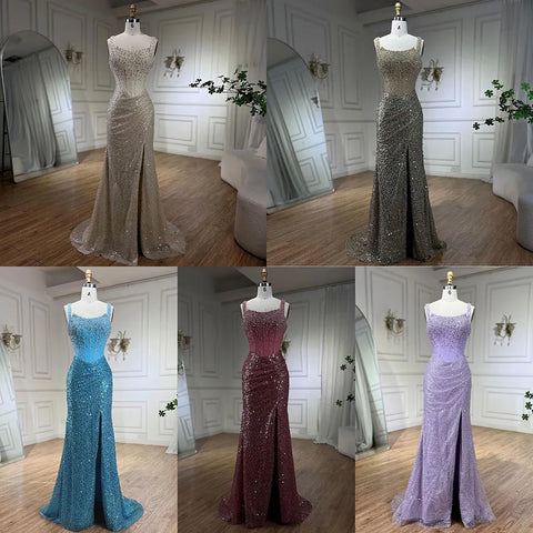 Vestidos de noche largos de sirena color beige, vestidos de fiesta de lujo con tirantes finos y cuentas de cristal para mujer 2025 LA72163 