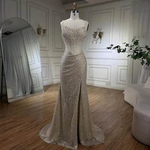 Vestidos de noche largos de sirena color beige, vestidos de fiesta de lujo con tirantes finos y cuentas de cristal para mujer 2025 LA72163 