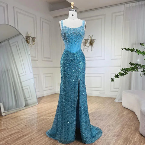 Vestidos de noche largos de sirena color beige, vestidos de fiesta de lujo con tirantes finos y cuentas de cristal para mujer 2025 LA72163 