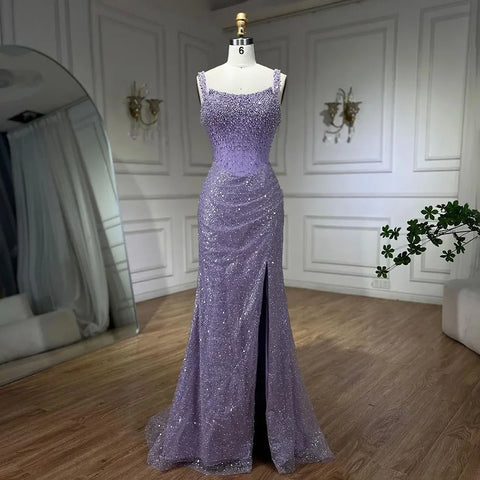 Vestidos de noche largos de sirena color beige, vestidos de fiesta de lujo con tirantes finos y cuentas de cristal para mujer 2025 LA72163 