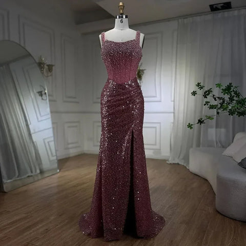 Vestidos de noche largos de sirena color beige, vestidos de fiesta de lujo con tirantes finos y cuentas de cristal para mujer 2025 LA72163 