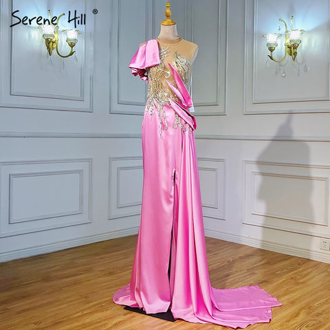 Vestidos de noche color beige con sobrefalda de sirena, elegantes, de satén con cuentas, para mujer, ideales para fiestas (LA71199) 