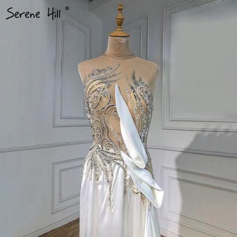 Vestidos de noche color beige con sobrefalda de sirena, elegantes, de satén con cuentas, para mujer, ideales para fiestas (LA71199) 