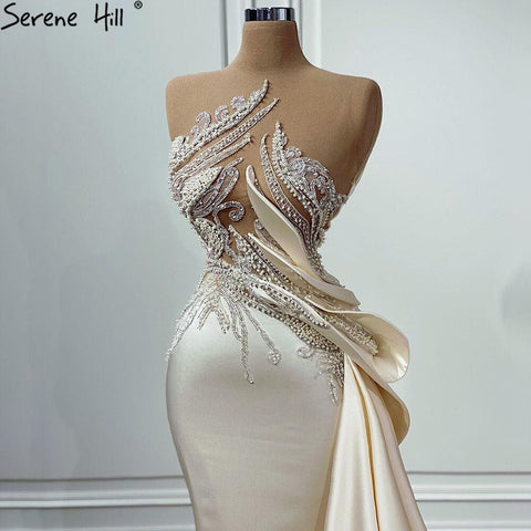 Robe de soirée sirène beige, élégante, en satin et perles, pour femme, tenue de soirée, LA71199, 2025 