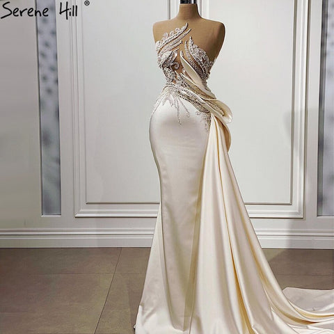 Robe de soirée sirène beige, élégante, en satin et perles, pour femme, tenue de soirée, LA71199, 2025 