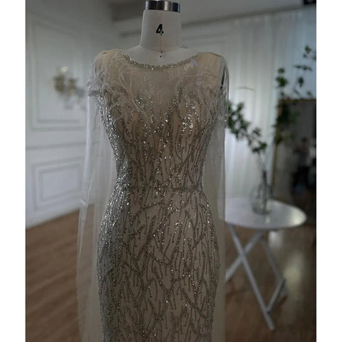 Chal de sirena beige con hilo, sexy, con cuentas y plumas, vestidos de noche de lujo de Dubái, colección 2025 para mujer, para fiestas, LA72142 