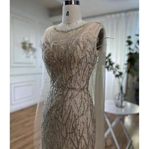 Chal de sirena beige con hilo, sexy, con cuentas y plumas, vestidos de noche de lujo de Dubái, colección 2025 para mujer, para fiestas, LA72142 