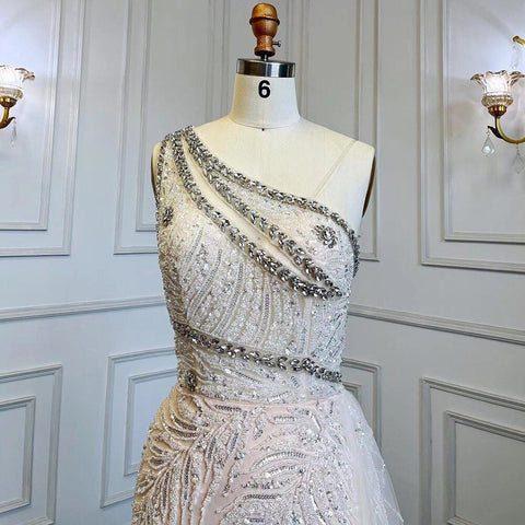 Robe de soirée élégante beige sexy fendue, style sirène, avec jupe perlée, 2025, pour femmes, LA71623 