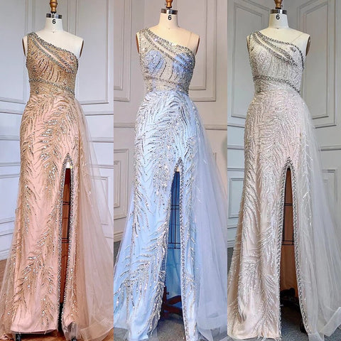 Robe de soirée élégante beige sexy fendue, style sirène, avec jupe perlée, 2025, pour femmes, LA71623 