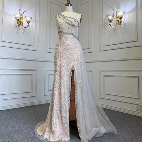 Robe de soirée élégante beige sexy fendue, style sirène, avec jupe perlée, 2025, pour femmes, LA71623 