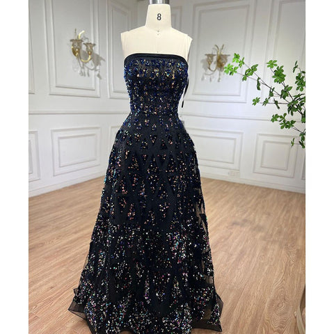 Vestido de noche elegante negro de corte A, con hombros descubiertos, lujoso, con lentejuelas y cuentas, para mujer, modelo LA72108 