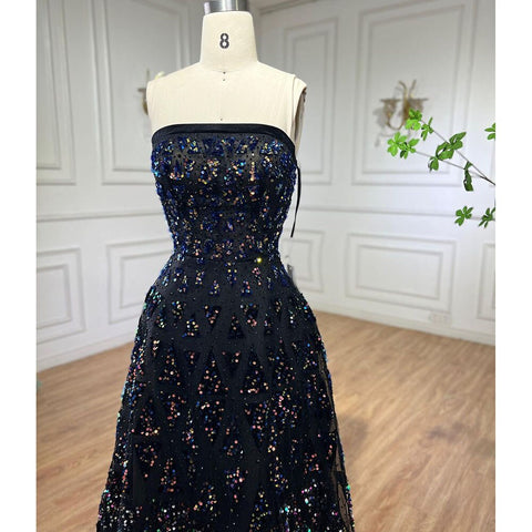 Vestido de noche elegante negro de corte A, con hombros descubiertos, lujoso, con lentejuelas y cuentas, para mujer, modelo LA72108 