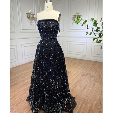 Vestido de noche elegante negro de corte A, con hombros descubiertos, lujoso, con lentejuelas y cuentas, para mujer, modelo LA72108 