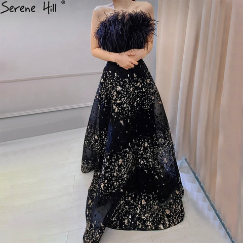 Robe de soirée noire sexy en forme de trapèze, luxueuse, ornée de plumes et de perles, idéale pour une soirée de mariage, modèle 2025, LA71480 