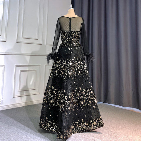 On Sale no return no refund Black A-Line Sexy Evening Dresses Gowns 2025 O-Neck Long Sleeves Feather Luxury For Women Wedding Party LA71480L