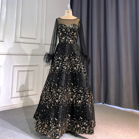 On Sale no return no refund Black A-Line Sexy Evening Dresses Gowns 2025 O-Neck Long Sleeves Feather Luxury For Women Wedding Party LA71480L