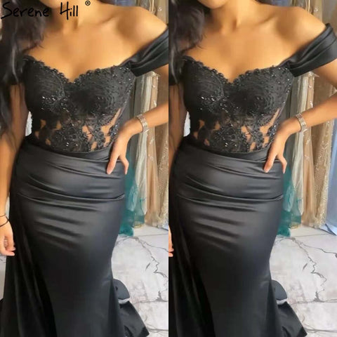 Robe de soirée noire fendue et perlée, style sirène, élégante et sexy, pour femme, LA71461, 2025 