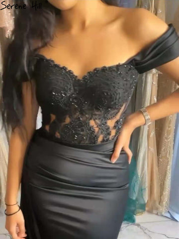 Robe de soirée noire fendue et perlée, style sirène, élégante et sexy, pour femme, LA71461, 2025 
