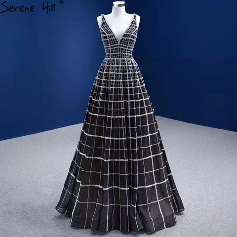 Vestidos de noche de lujo negros con escote en V, corte en A y cordones, para mujer, ideales para bodas y fiestas (HM67405) 