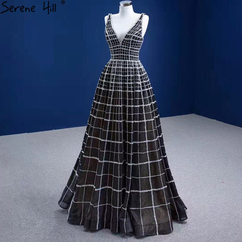 Vestidos de noche de lujo negros con escote en V, corte en A y cordones, para mujer, ideales para bodas y fiestas (HM67405) 