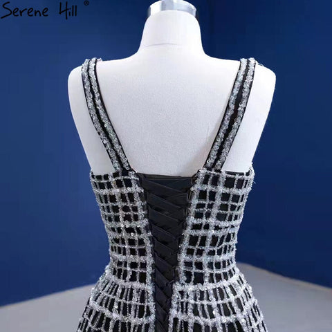 Vestidos de noche de lujo negros con escote en V, corte en A y cordones, para mujer, ideales para bodas y fiestas (HM67405) 