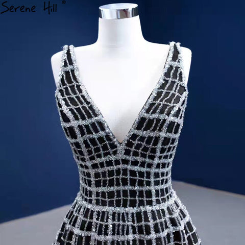 Vestidos de noche de lujo negros con escote en V, corte en A y cordones, para mujer, ideales para bodas y fiestas (HM67405) 