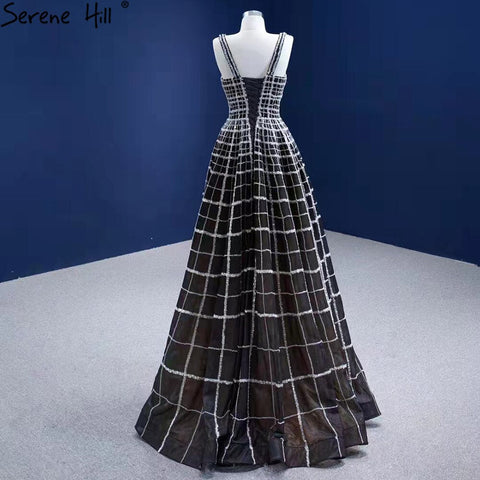 Vestidos de noche de lujo negros con escote en V, corte en A y cordones, para mujer, ideales para bodas y fiestas (HM67405) 