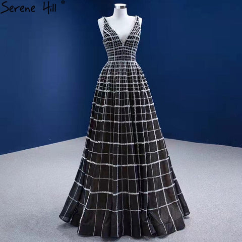 Vestidos de noche de lujo negros con escote en V, corte en A y cordones, para mujer, ideales para bodas y fiestas (HM67405) 