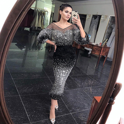 Vestidos de noche negros de sirena con cuentas, elegantes y lujosos, hasta el tobillo, para mujer, estilo sirena, colección 2025, para fiestas, LA71594 