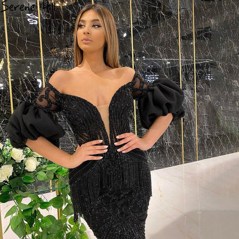 Robe de soirée sirène noire à pompons et perles, élégante et sexy, pour femme, LA71204, 2025 