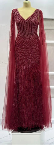 Vestido de noche de sirena negro con mangas tipo capa, abertura alta, plumas y cuentas, estilo sexy, de lujo, para mujer, ideal para fiestas (LA72231) 