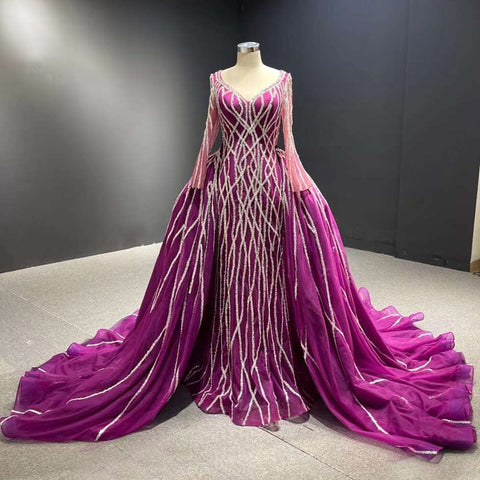 Vestido de novia de sirena negro con falda desmontable, lentejuelas brillantes y cuentas. Vestido de novia de alta gama hecho a medida HM67480 