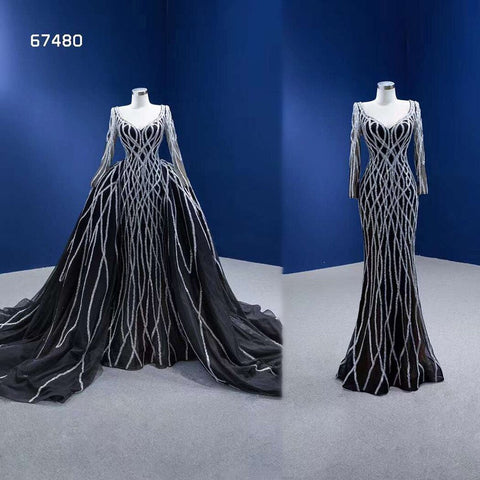 Vestido de novia de sirena negro con falda desmontable, lentejuelas brillantes y cuentas. Vestido de novia de alta gama hecho a medida HM67480 