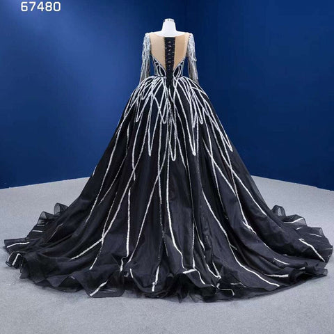 Vestido de novia de sirena negro con falda desmontable, lentejuelas brillantes y cuentas. Vestido de novia de alta gama hecho a medida HM67480 