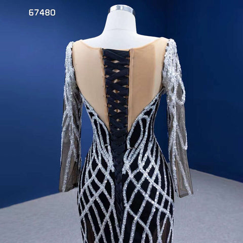 Vestido de novia de sirena negro con falda desmontable, lentejuelas brillantes y cuentas. Vestido de novia de alta gama hecho a medida HM67480 