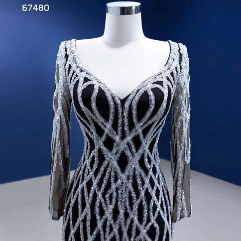 Vestido de novia de sirena negro con falda desmontable, lentejuelas brillantes y cuentas. Vestido de novia de alta gama hecho a medida HM67480 