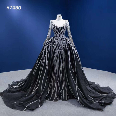 Vestido de novia de sirena negro con falda desmontable, lentejuelas brillantes y cuentas. Vestido de novia de alta gama hecho a medida HM67480 