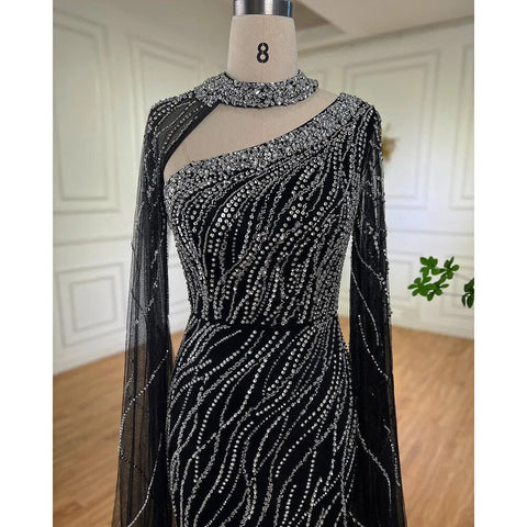 Black Mermaid Elegant Cape Sleeves Beaded Luxury Evening Dresses Gowns For Women Arabic Party 2025 LA72112