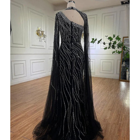 Black Mermaid Elegant Cape Sleeves Beaded Luxury Evening Dresses Gowns For Women Arabic Party 2025 LA72112
