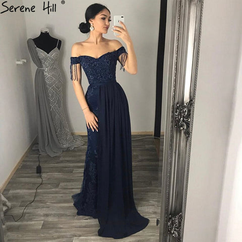 Vestidos de noche elegantes de sirena negros 2025 con encaje y pedrería de lujo para mujer, ideales para fiestas (LA70975) 