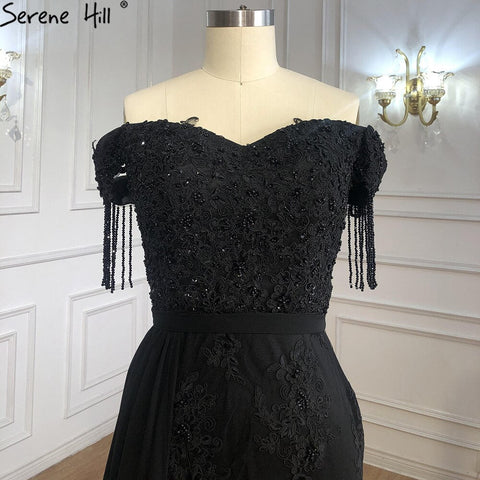 Vestidos de noche elegantes de sirena negros 2025 con encaje y pedrería de lujo para mujer, ideales para fiestas (LA70975) 