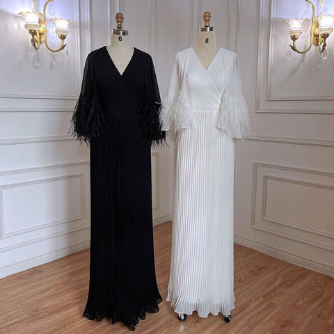 Vestido de noche marroquí elegante de sirena negra con mangas de capa de plumas para mujer, ideal para bodas y fiestas 2025 LA71852 