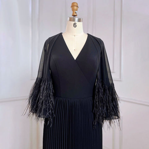 Vestido de noche marroquí elegante de sirena negra con mangas de capa de plumas para mujer, ideal para bodas y fiestas 2025 LA71852 